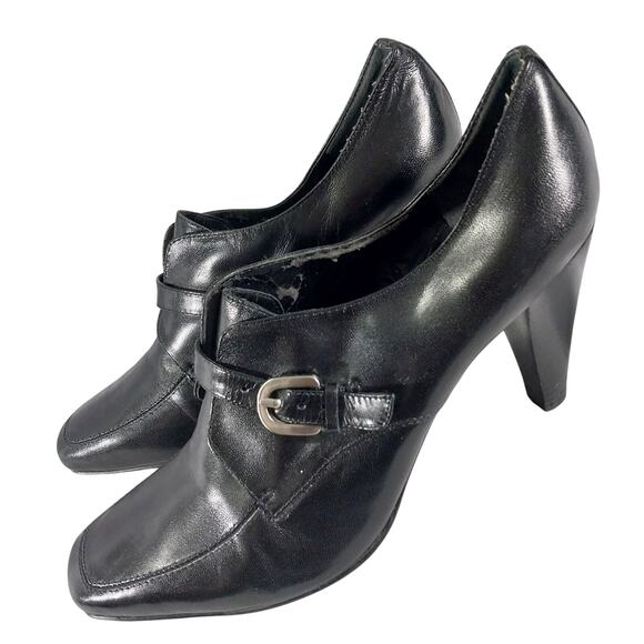 NINE WEST! BLACK GENUINE LEATHER MODIFIED SQUARE TIE HEELED LOAFERS! SZ 9.5M - Picture 1 of 12